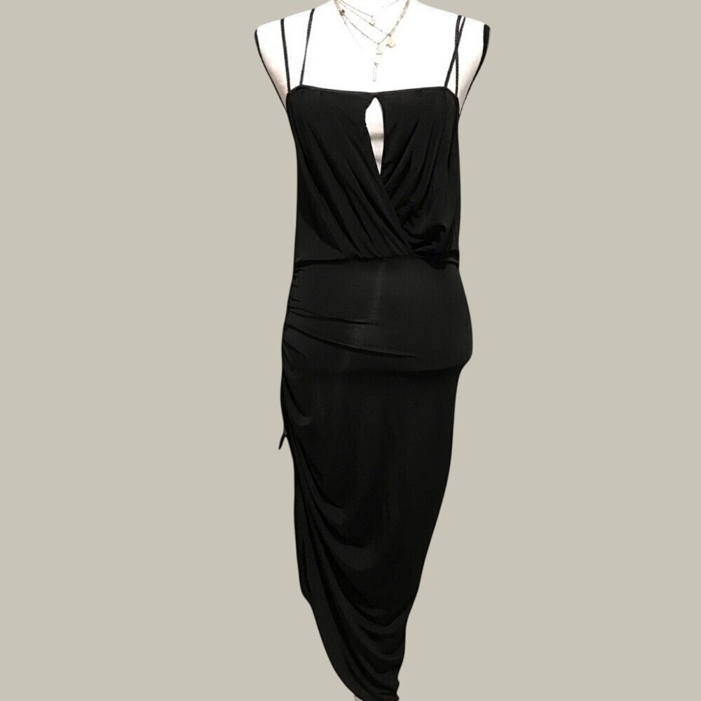 Bebe Black Siren Draped Ruched Side Spaghetti Strap Midi Dress Size S - Picture 2 of 9